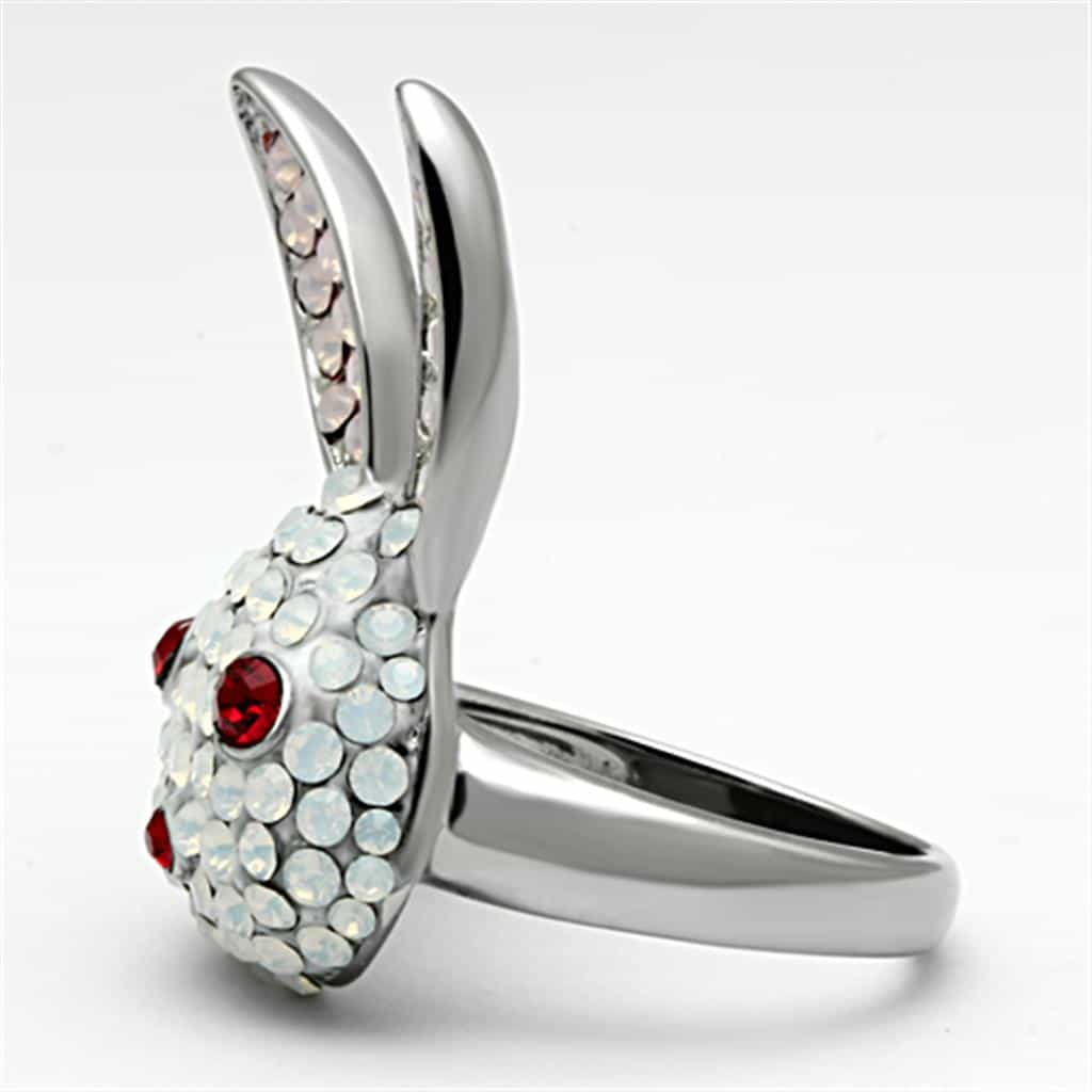 Stainless Steel Silver Crystal Pave Bunny Rabbit Red Eyes Ring view 8