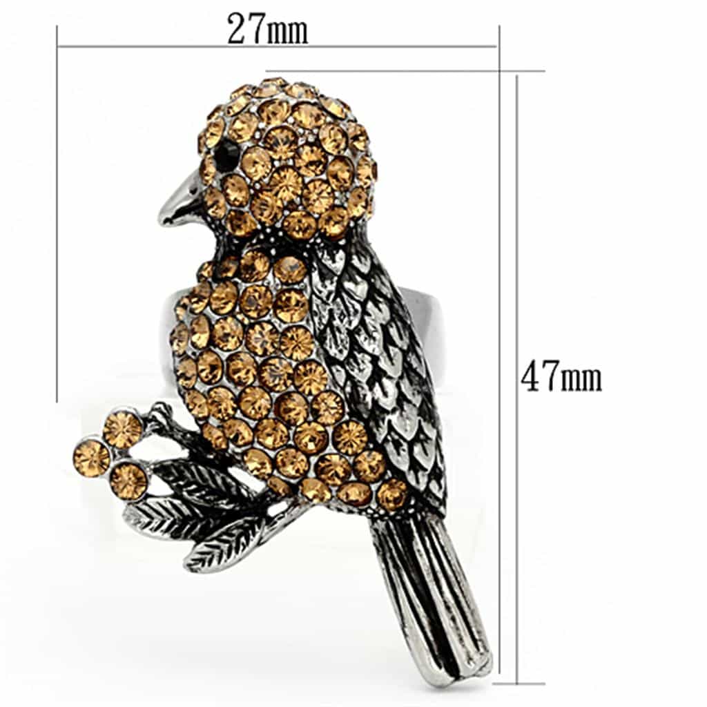 Stainless Steel Silver Amber Crystal Pave Bird Perched 3D Ring view 6