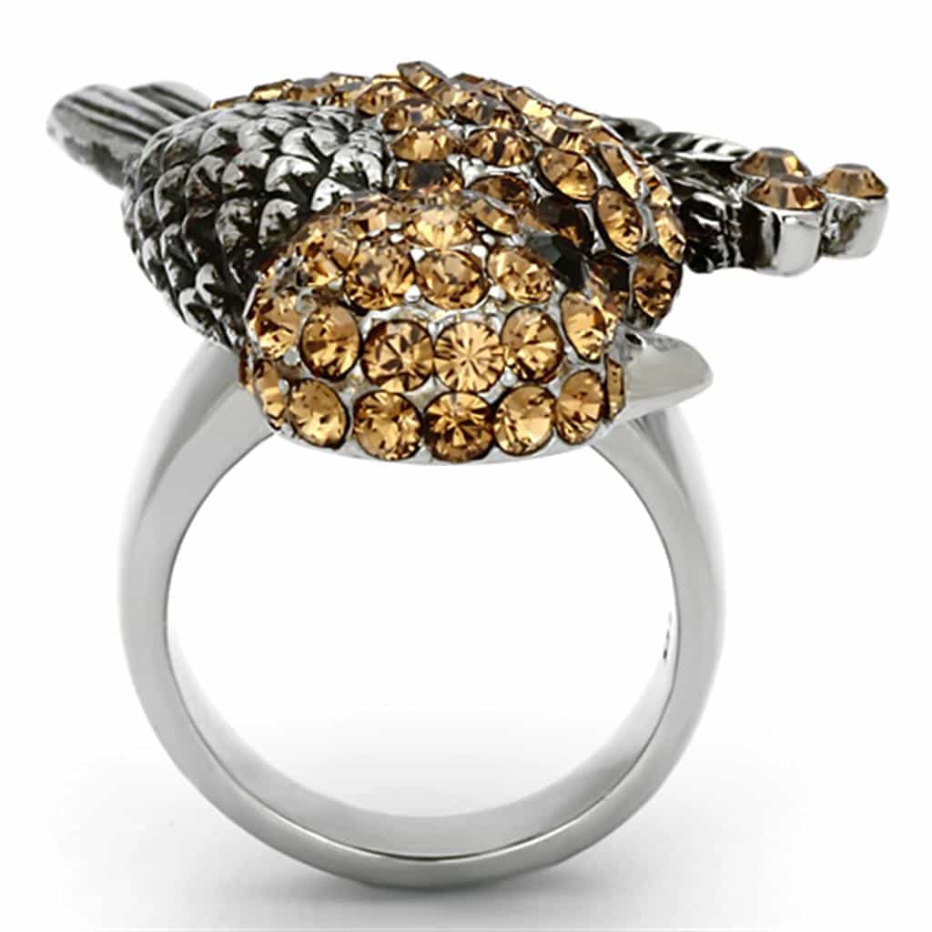 Stainless Steel Silver Amber Crystal Pave Bird Perched 3D Ring view 7