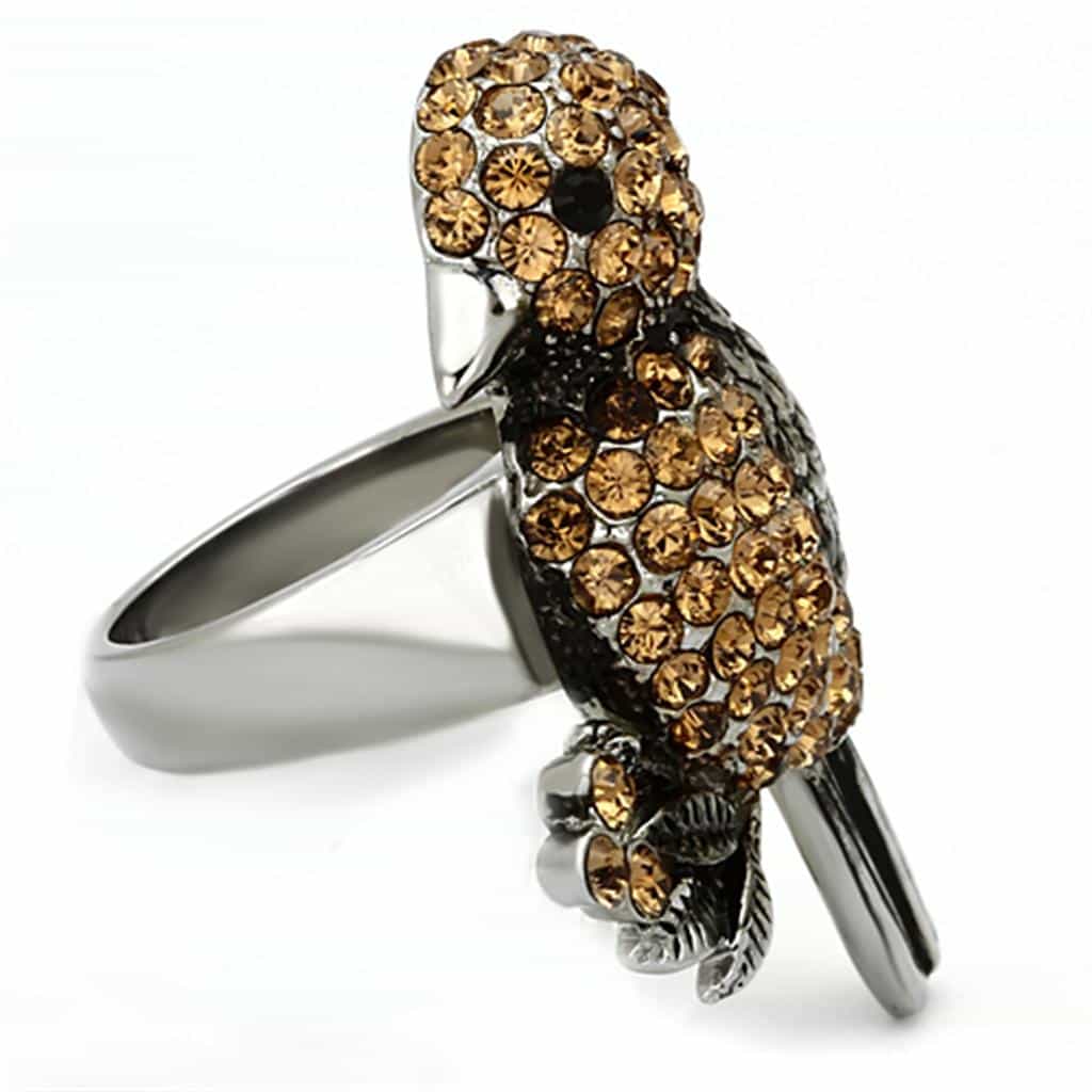 Stainless Steel Silver Amber Crystal Pave Bird Perched 3D Ring view 8