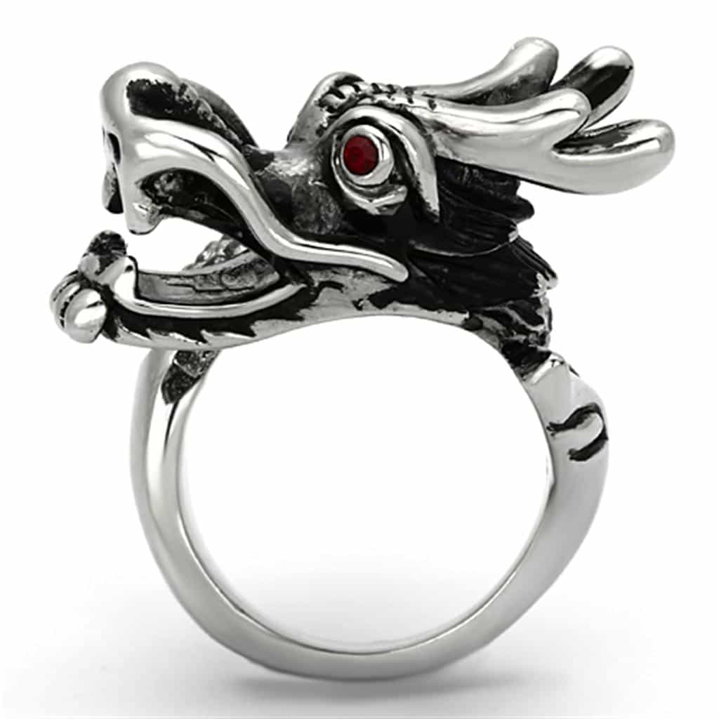 Stainless Steel Silver Oxidized Dragon Head Red Eyes Biker Ring view 9