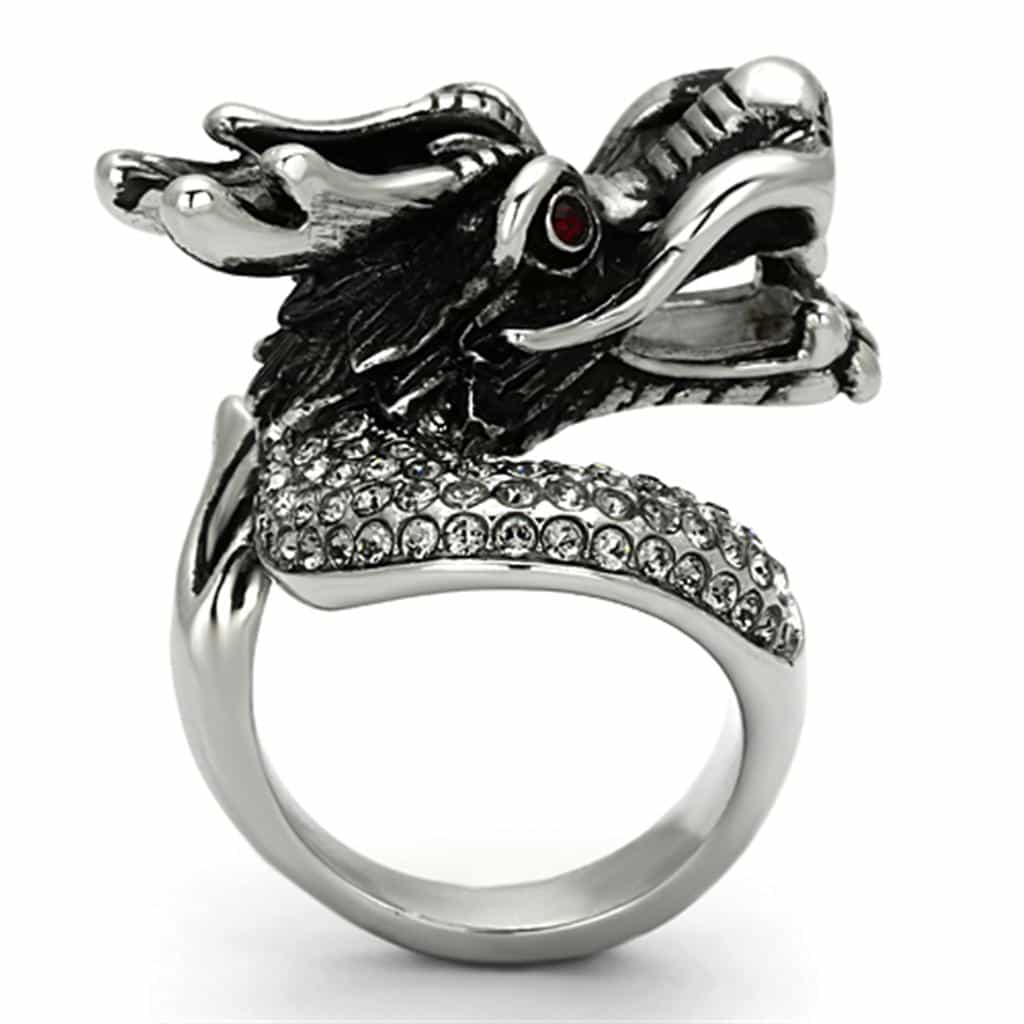 Stainless Steel Silver Oxidized Dragon Head Red Eyes Biker Ring view 10