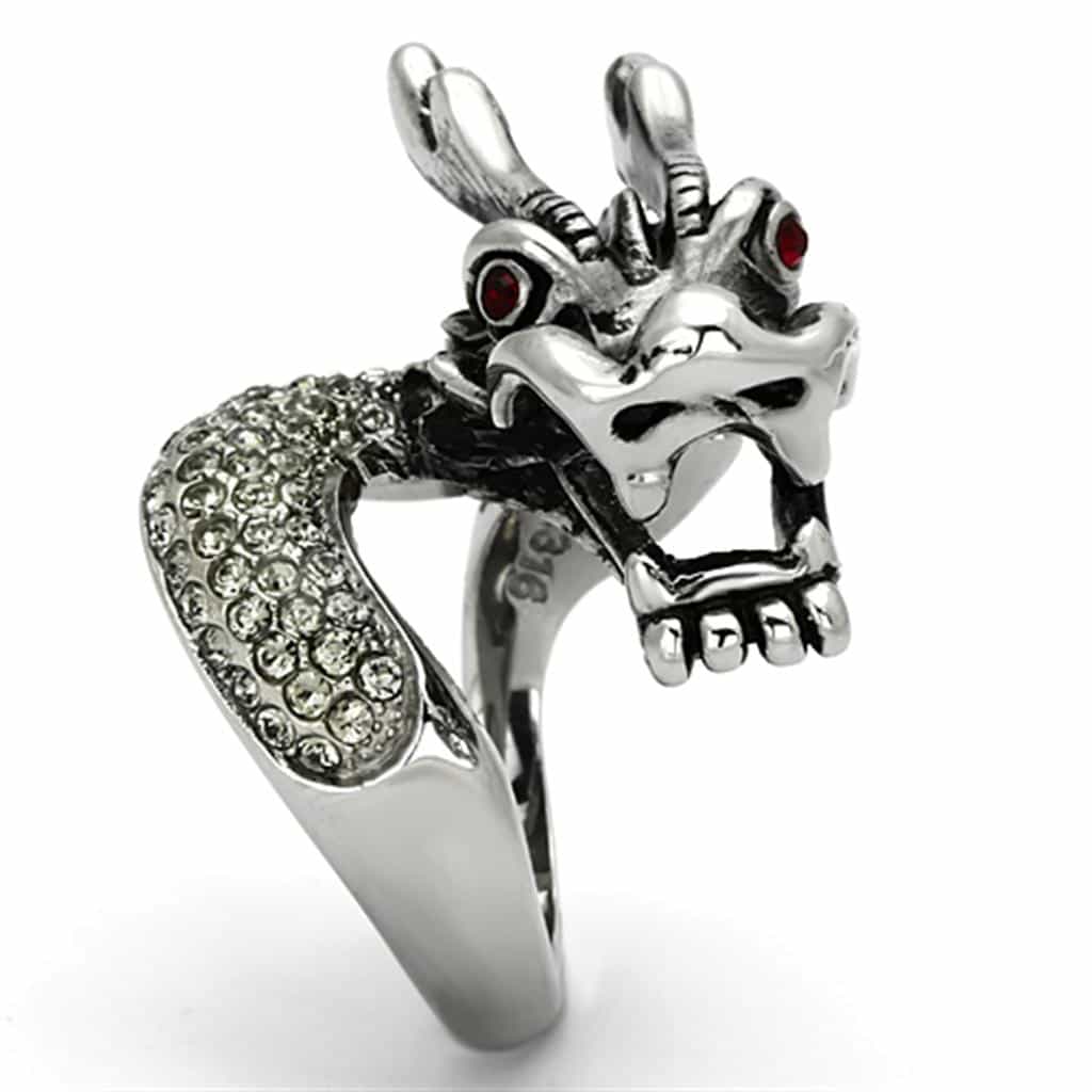 Stainless Steel Silver Oxidized Dragon Head Red Eyes Biker Ring view 5