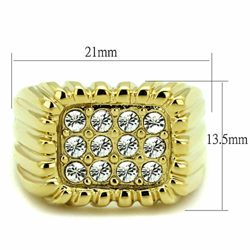 Stainless Steel Gold IP CZ Pave Ribbed Burst Square Mens Ring view 6