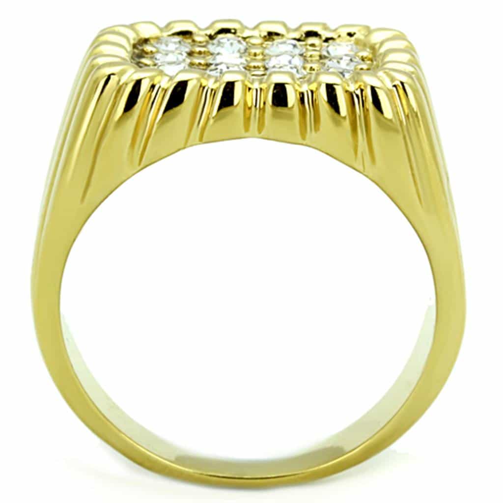Stainless Steel Gold IP CZ Pave Ribbed Burst Square Mens Ring view 7