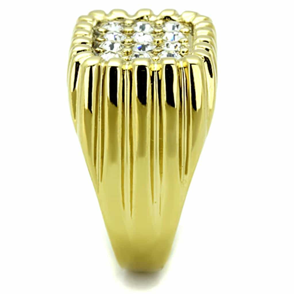Stainless Steel Gold IP CZ Pave Ribbed Burst Square Mens Ring view 8
