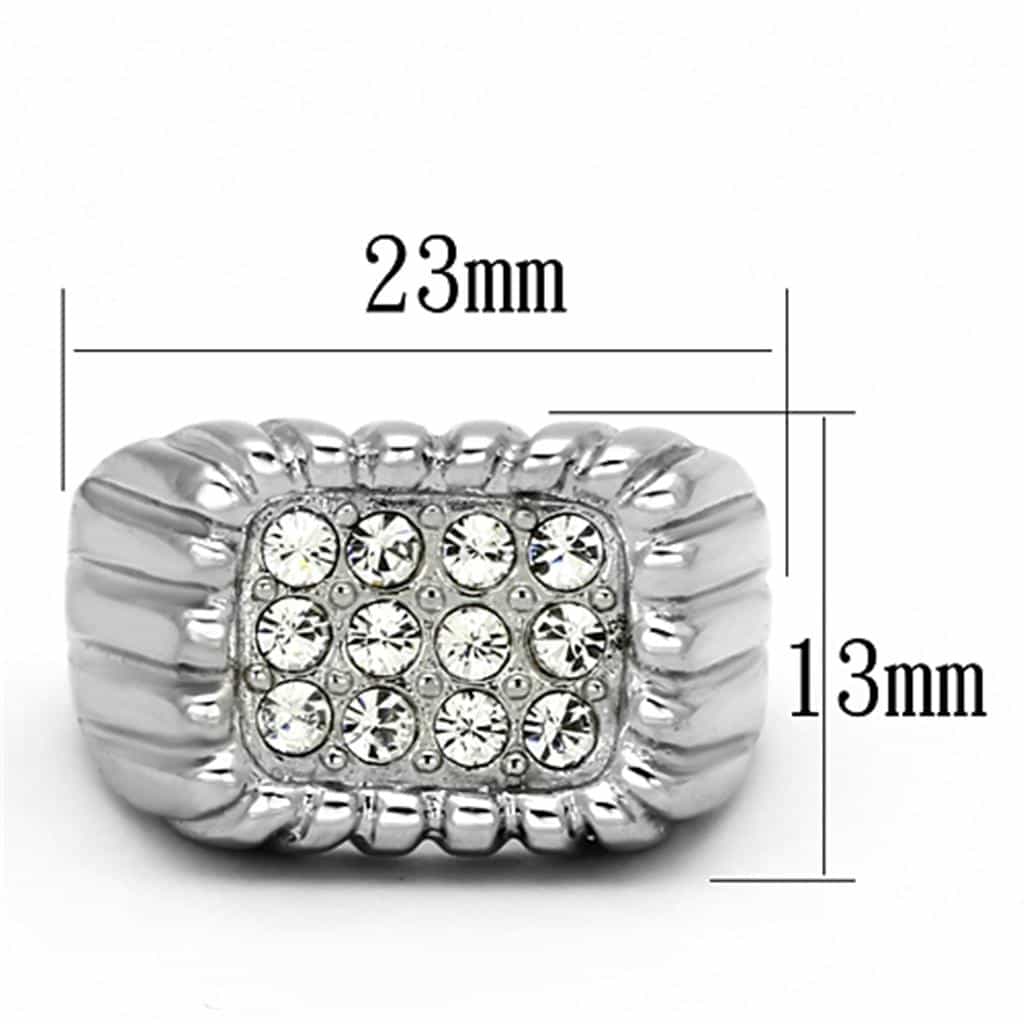 Stainless Steel Silver CZ Pave Ribbed Burst Square Mens Ring view 6