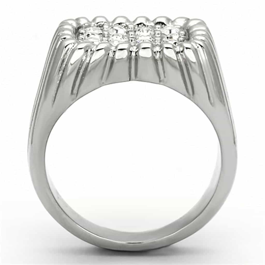Stainless Steel Silver CZ Pave Ribbed Burst Square Mens Ring view 7