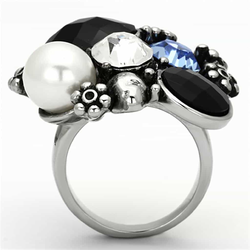 Stainless Steel Silver Pearl Crystal Multi Stone Cluster Ring view 3