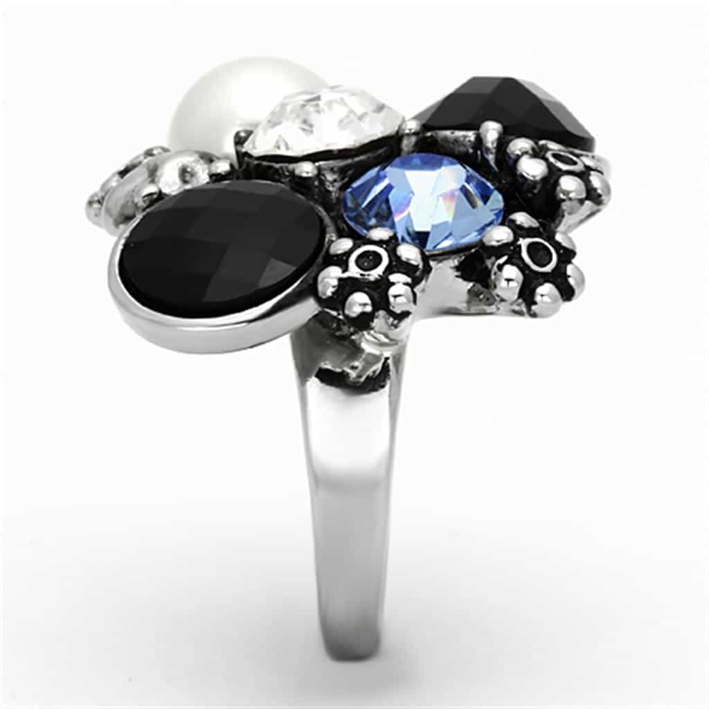 Stainless Steel Silver Pearl Crystal Multi Stone Cluster Ring view 8
