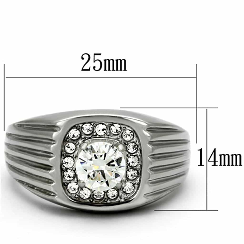 Stainless Steel Silver CZ Cushion Clear Halo Ribbed Mens Ring view 6
