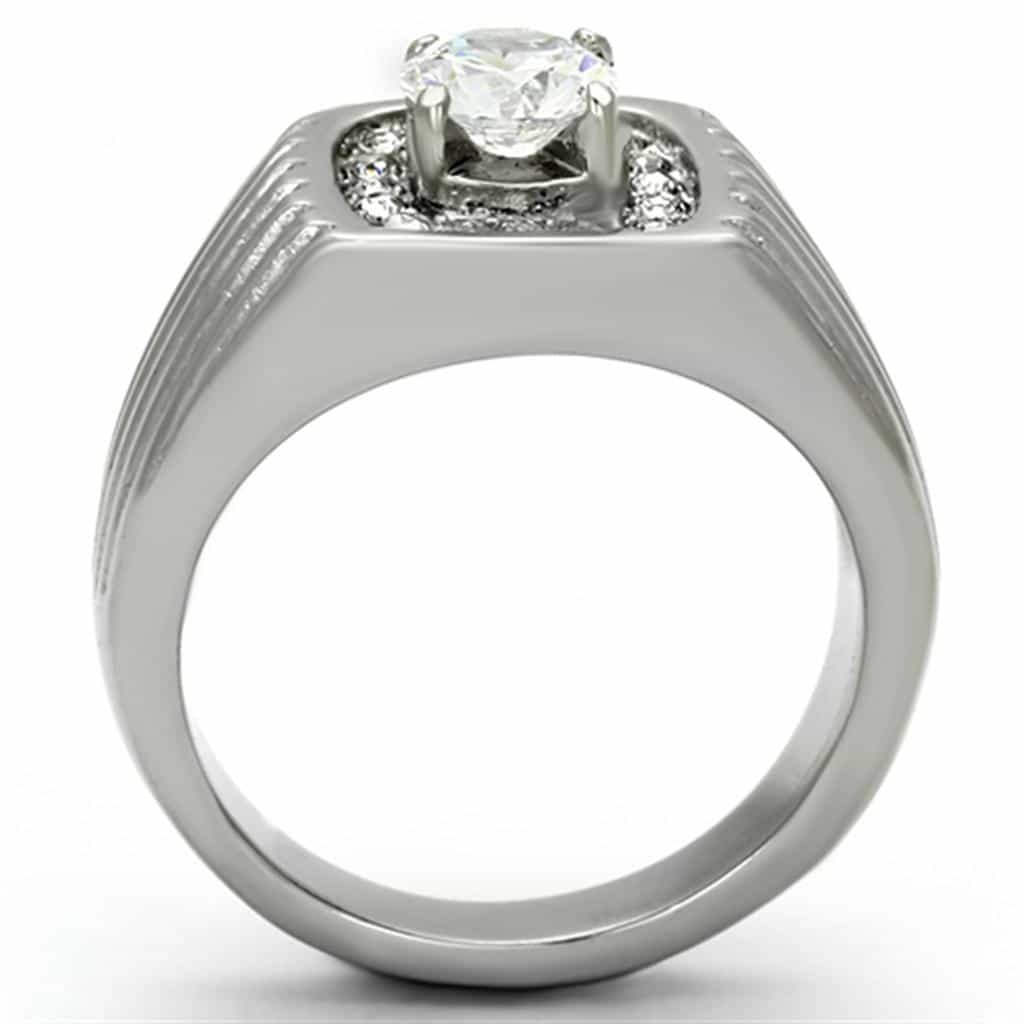 Stainless Steel Silver CZ Cushion Clear Halo Ribbed Mens Ring view 7
