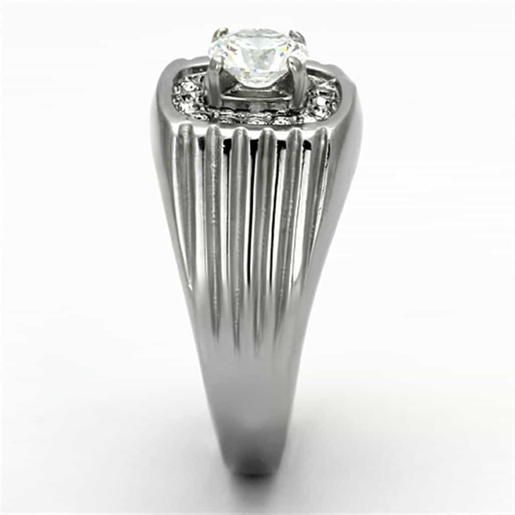Stainless Steel Silver CZ Cushion Clear Halo Ribbed Mens Ring view 8