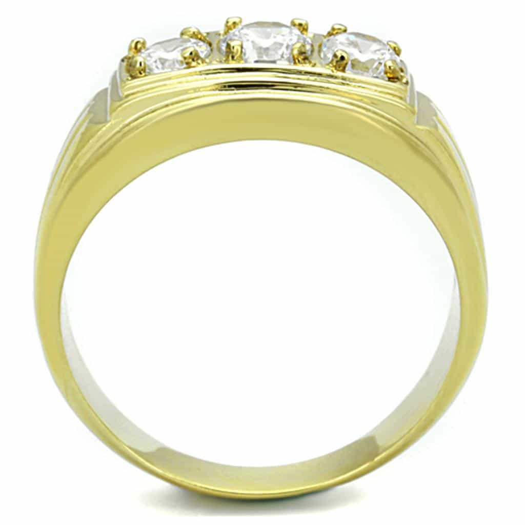 Stainless Steel Gold IP CZ Three Stone Round Channel Wide Ring view 3