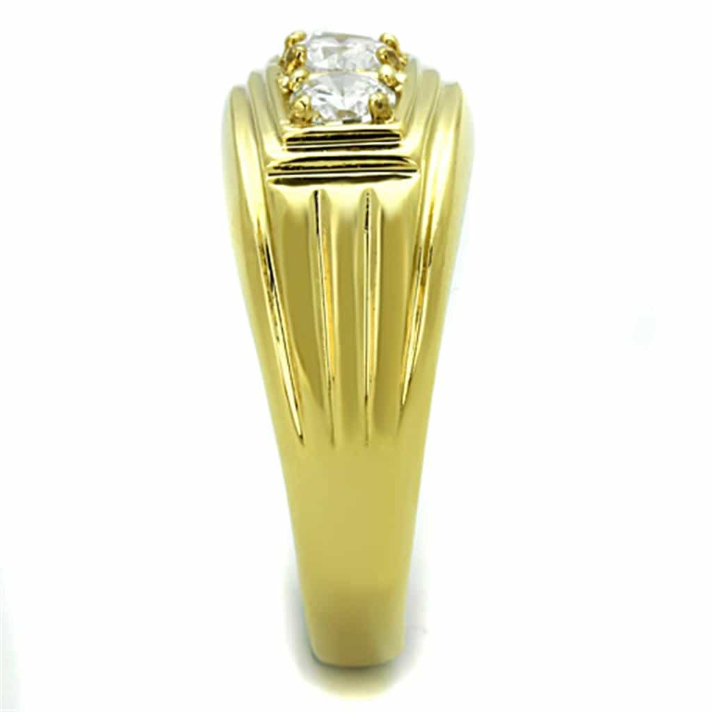 Stainless Steel Gold IP CZ Three Stone Round Channel Wide Ring view 8