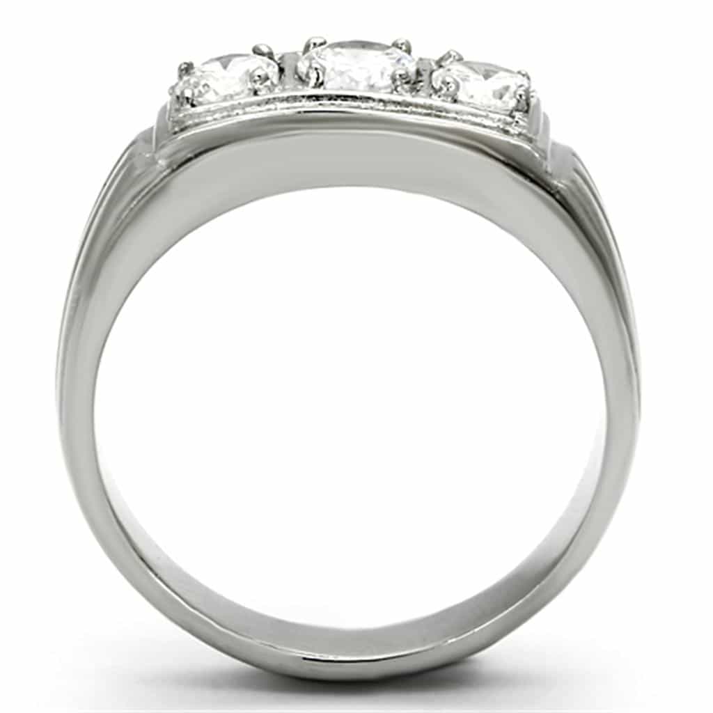 Stainless Steel Silver CZ Three Stone Round Channel Wide Ring view 7