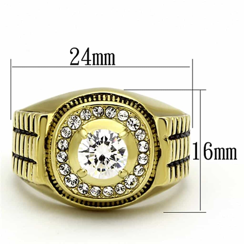 Stainless Steel Gold IP CZ Round Clear Halo Crosshatch Rolex Ring view 2