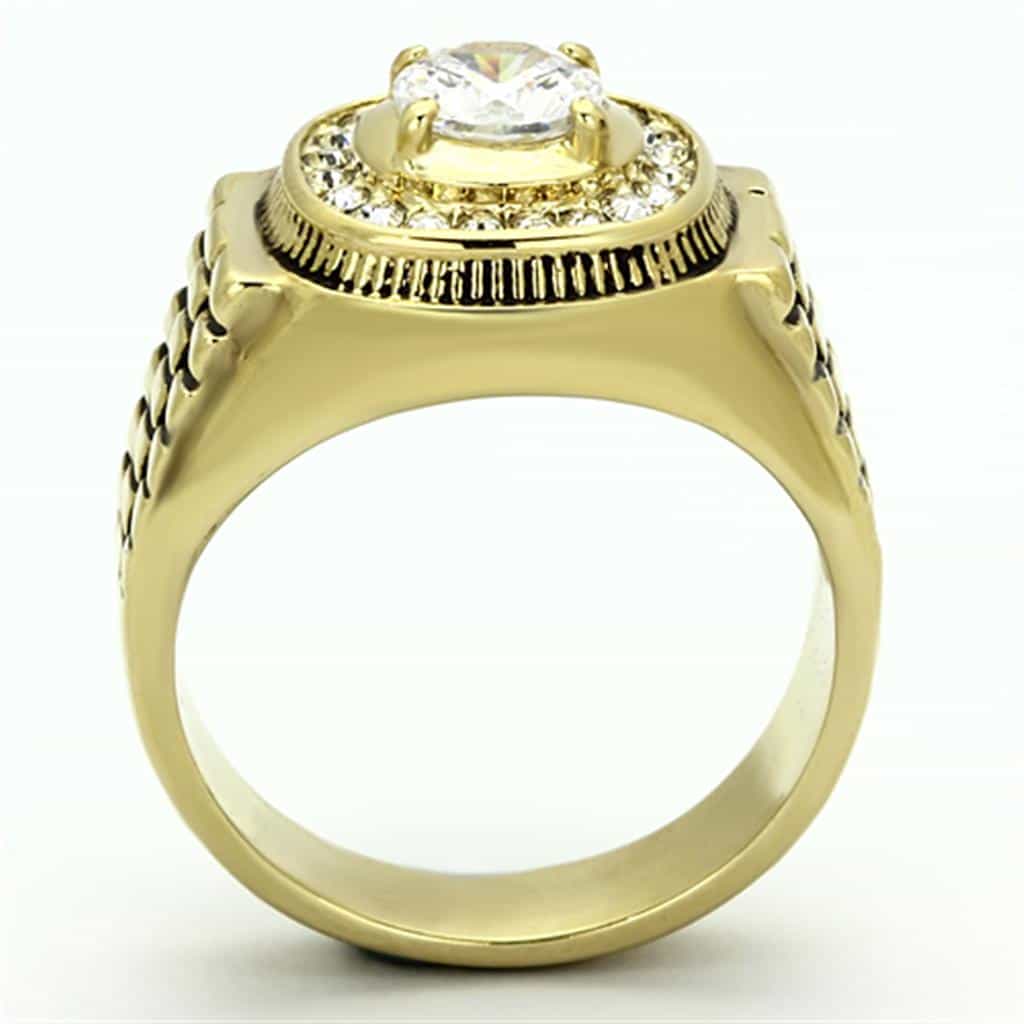 Stainless Steel Gold IP CZ Round Clear Halo Crosshatch Rolex Ring view 7