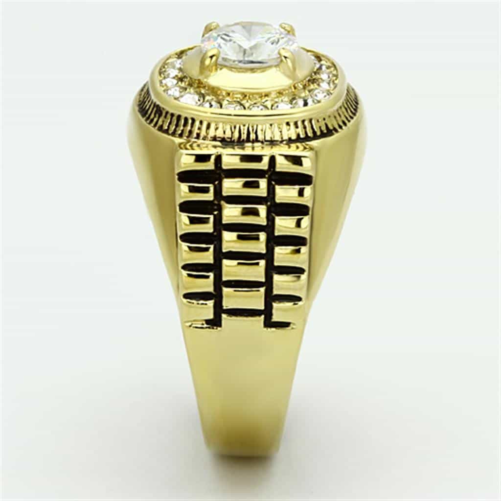 Stainless Steel Gold IP CZ Round Clear Halo Crosshatch Rolex Ring view 8