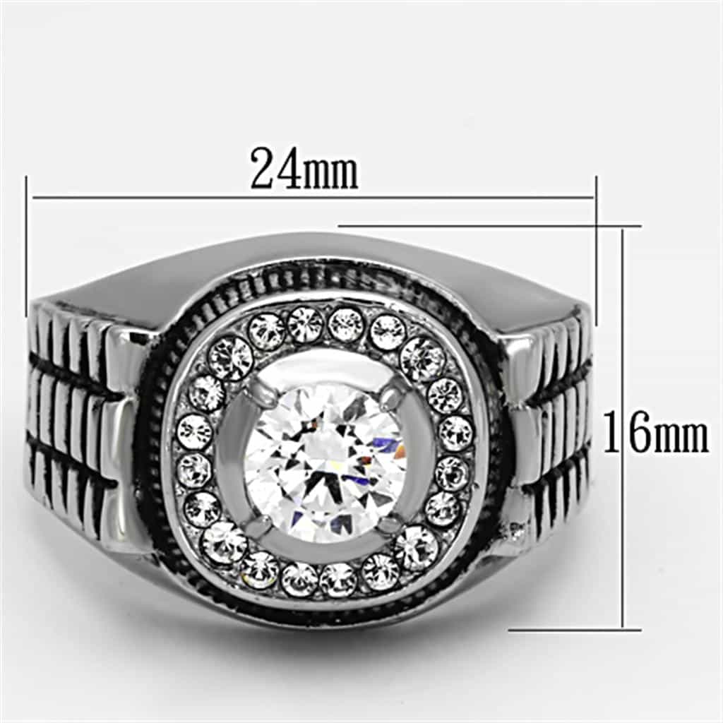 Stainless Steel Silver CZ Round Clear Halo Crosshatch Rolex Ring view 6