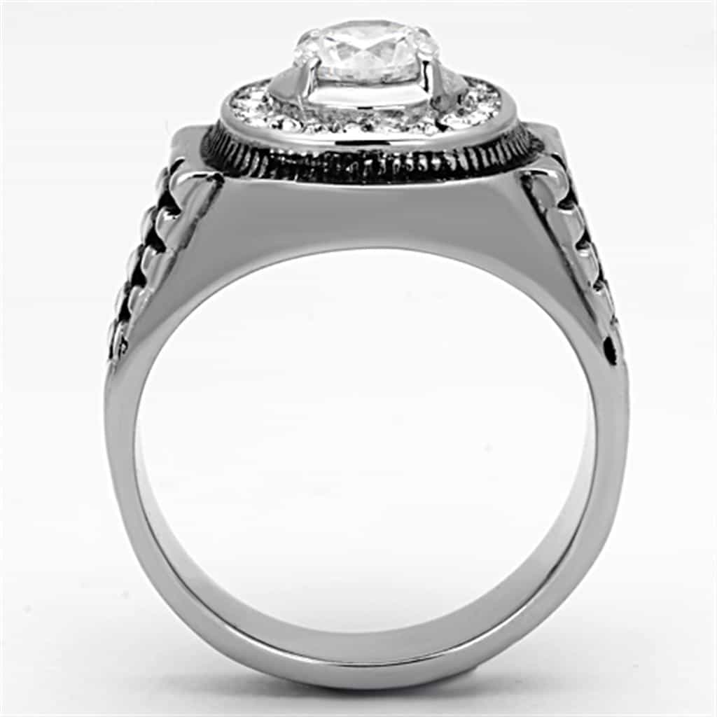 Stainless Steel Silver CZ Round Clear Halo Crosshatch Rolex Ring view 7