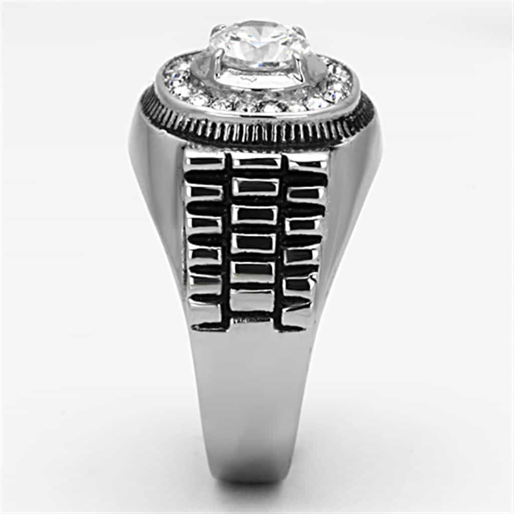Stainless Steel Silver CZ Round Clear Halo Crosshatch Rolex Ring view 8
