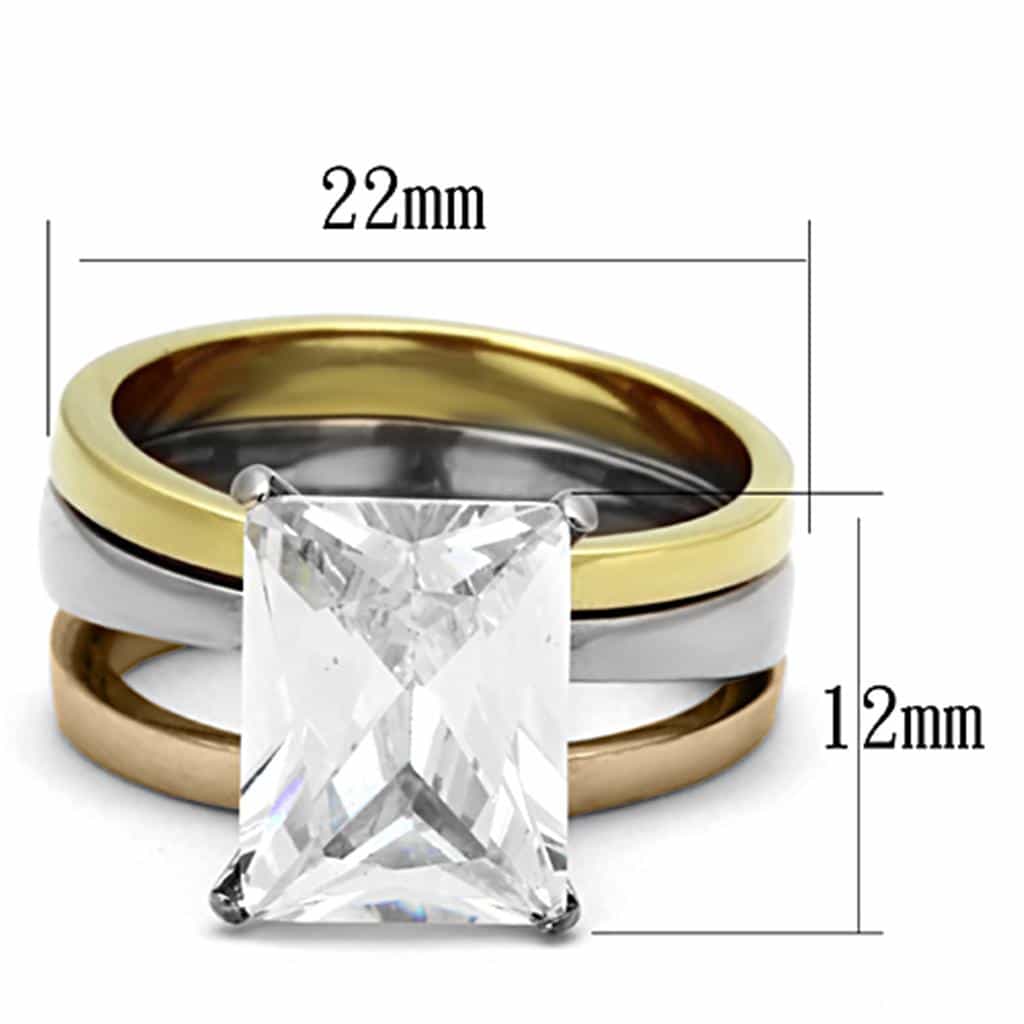 Stainless Steel Silver Gold Rose Gold Tri Tone CZ Princess Ring view 7