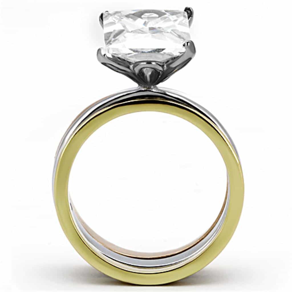 Stainless Steel Silver Gold Rose Gold Tri Tone CZ Princess Ring view 8