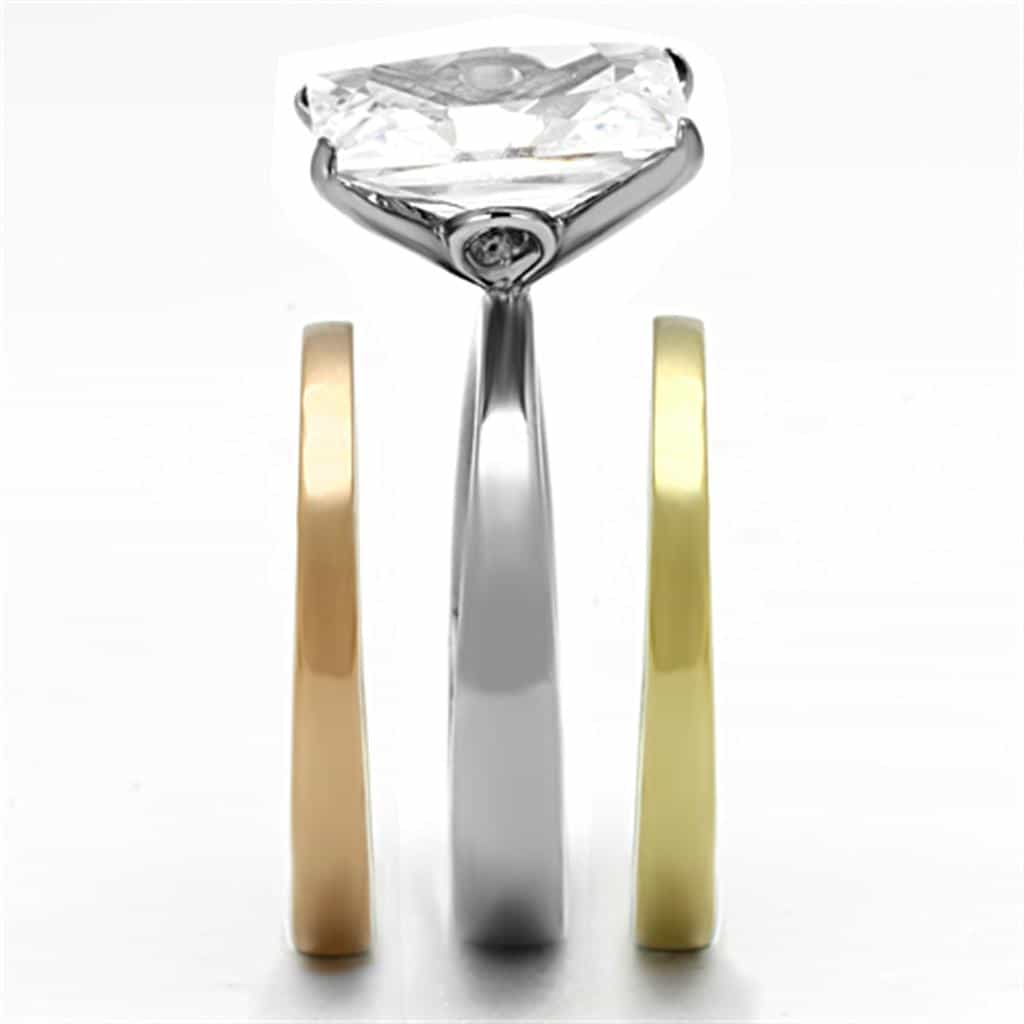 Stainless Steel Silver Gold Rose Gold Tri Tone CZ Princess Ring view 9