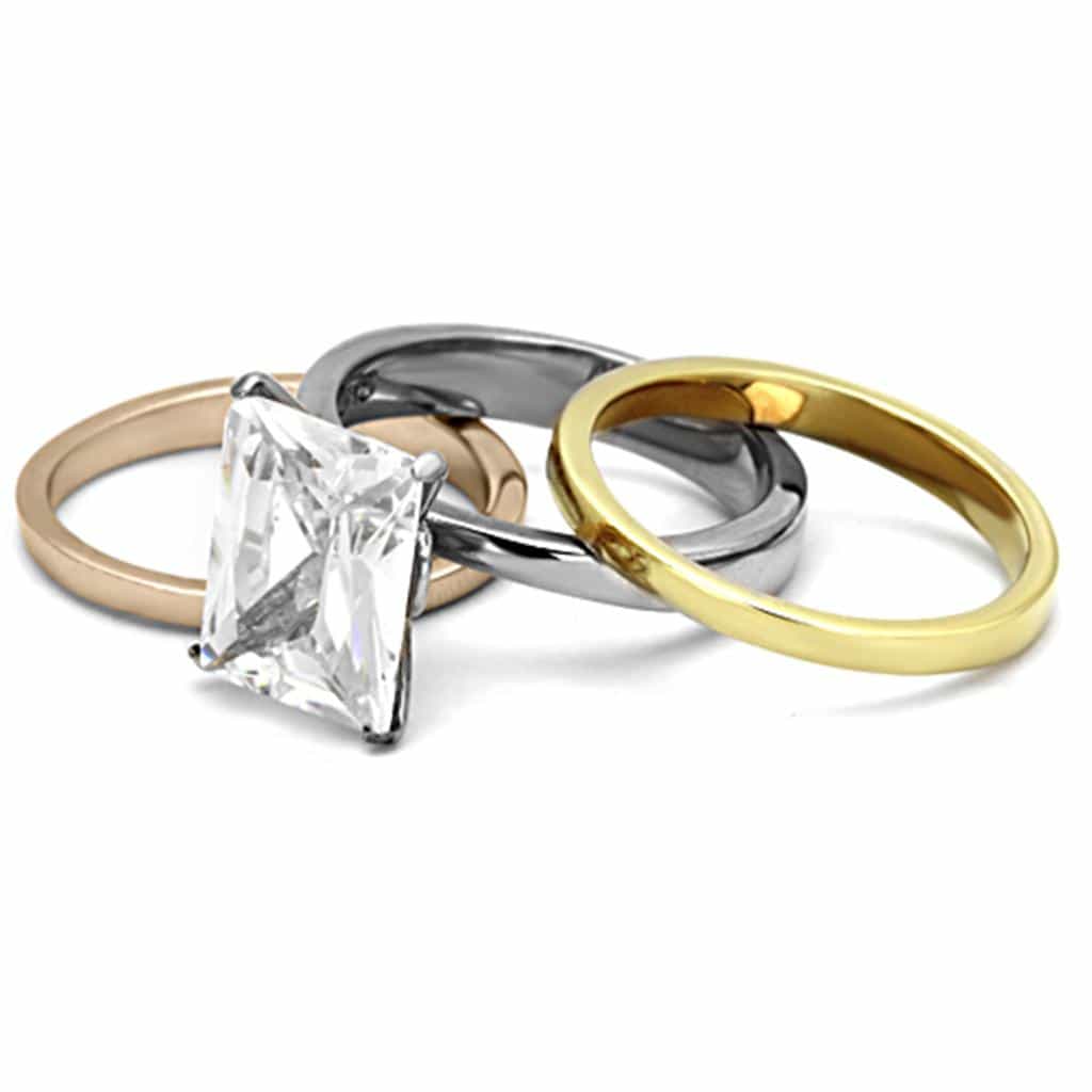 Stainless Steel Silver Gold Rose Gold Tri Tone CZ Princess Ring view 10