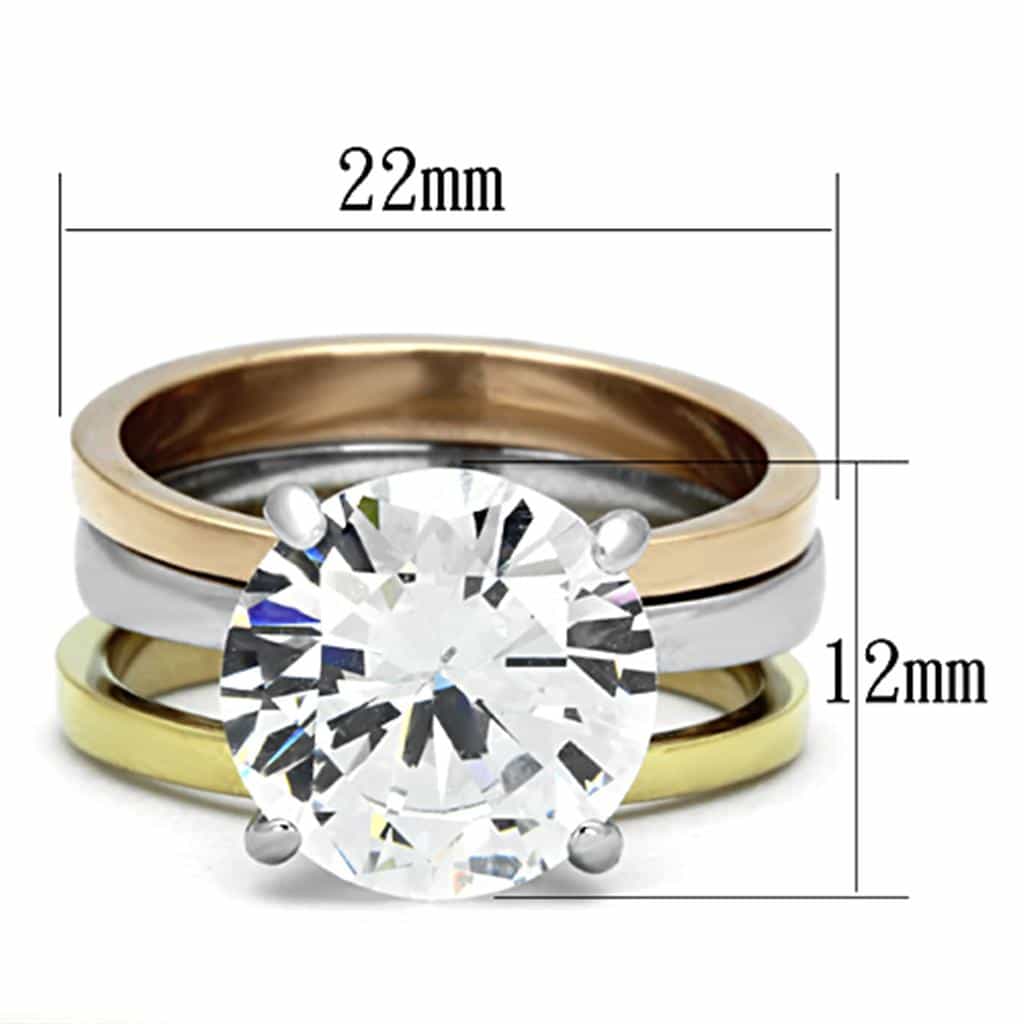 Stainless Steel Silver Gold Rose Gold Tri Tone CZ Round Ring view 7