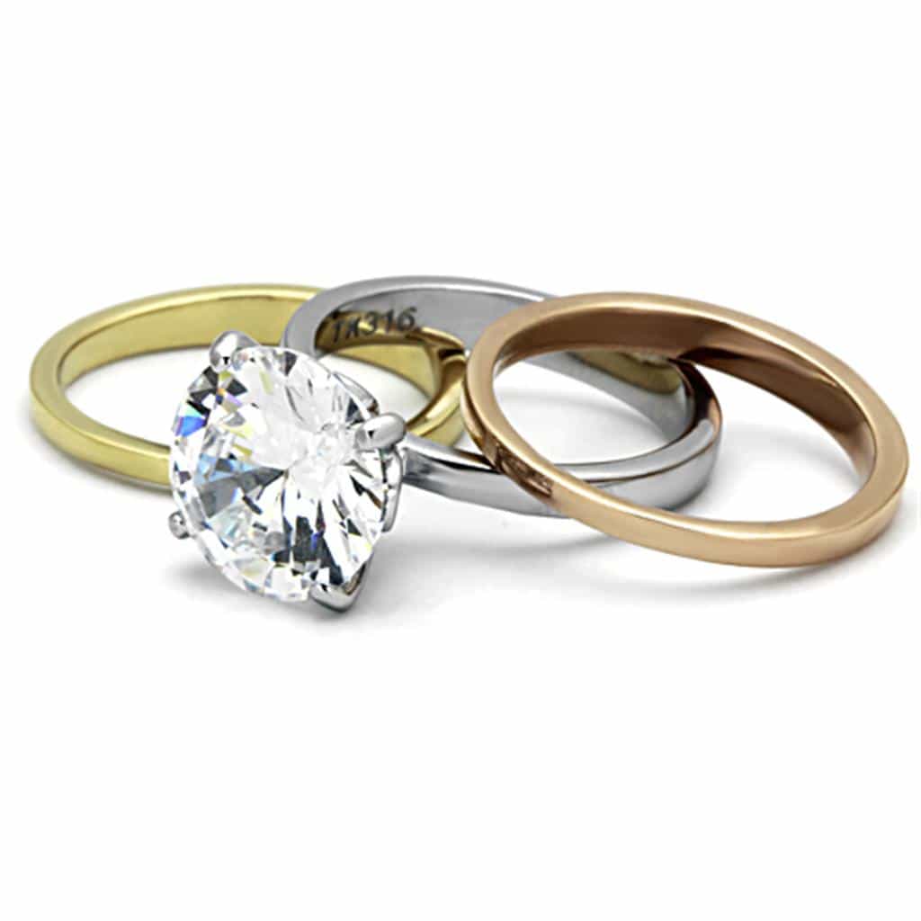 Stainless Steel Silver Gold Rose Gold Tri Tone CZ Round Ring view 5