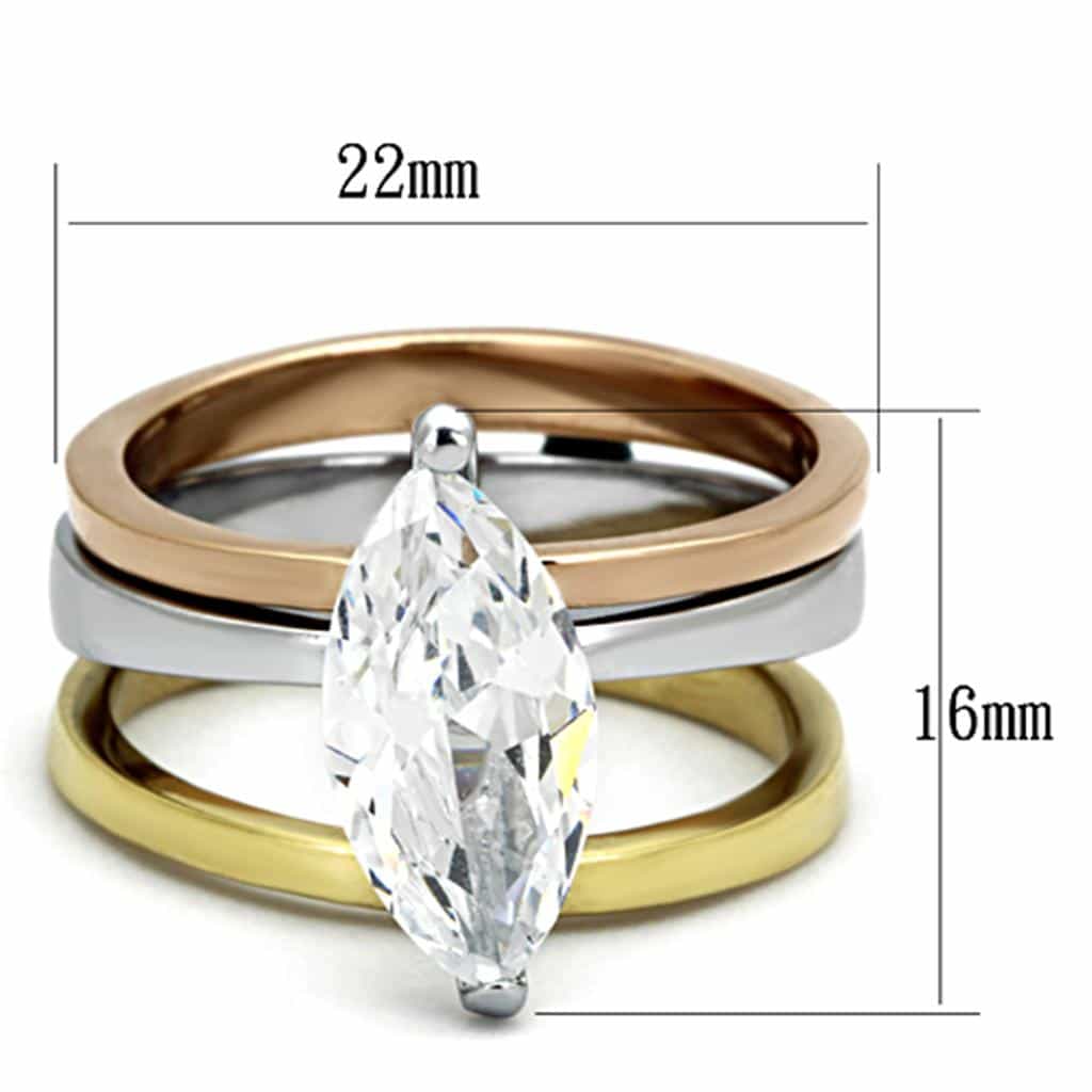 Stainless Steel Silver Gold Rose Gold Tri Tone CZ Marquise Ring view 6