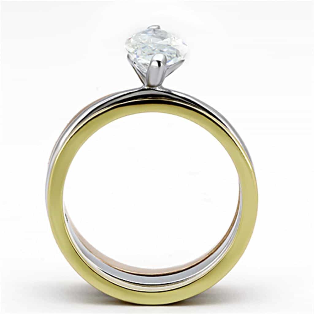 Stainless Steel Silver Gold Rose Gold Tri Tone CZ Marquise Ring view 3