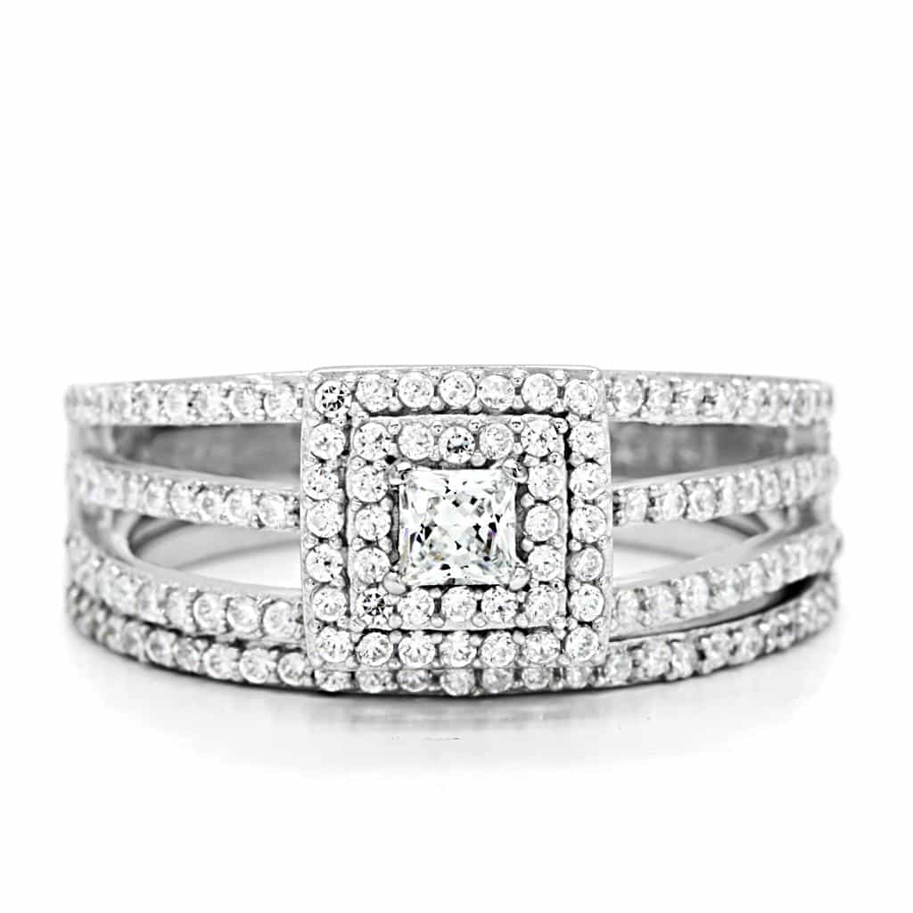 Sterling Silver CZ Princess Halo Wide Bridal Set Ring view 8
