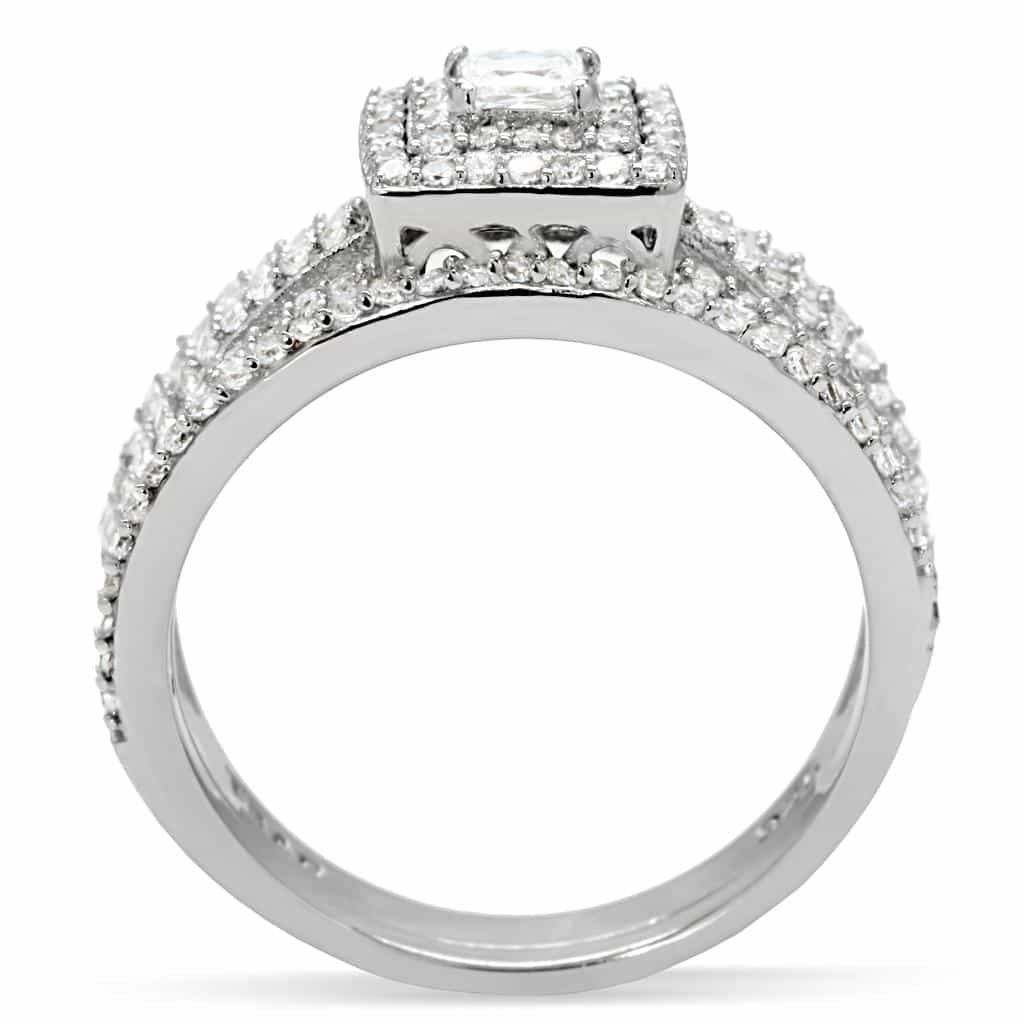 Sterling Silver CZ Princess Halo Wide Bridal Set Ring view 9