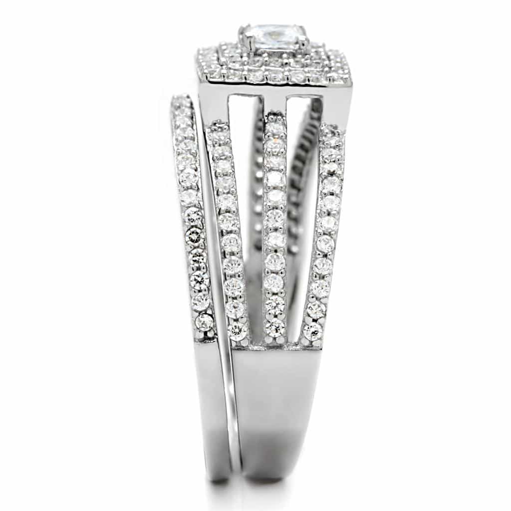 Sterling Silver CZ Princess Halo Wide Bridal Set Ring view 5