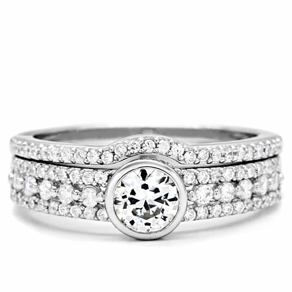 Sterling Silver CZ Round Bezel Solitaire Pave Ring view 8