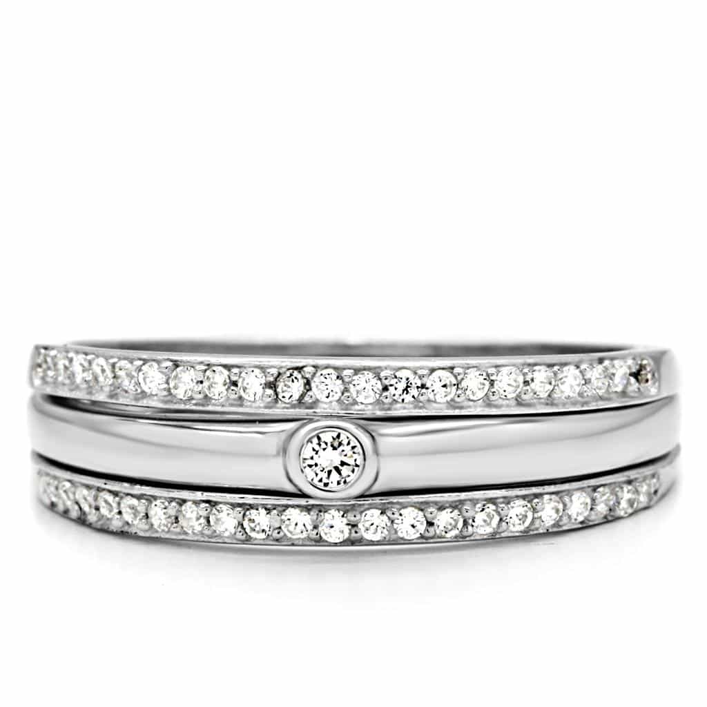Sterling Silver CZ Bezel Pave Trio Stack Thin Ring view 8