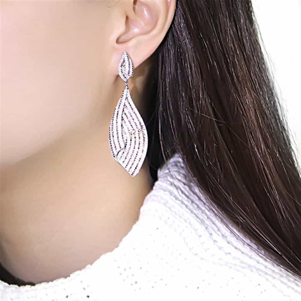 Sterling Silver CZ Pave Leaf Wave Drop Earrings view 3