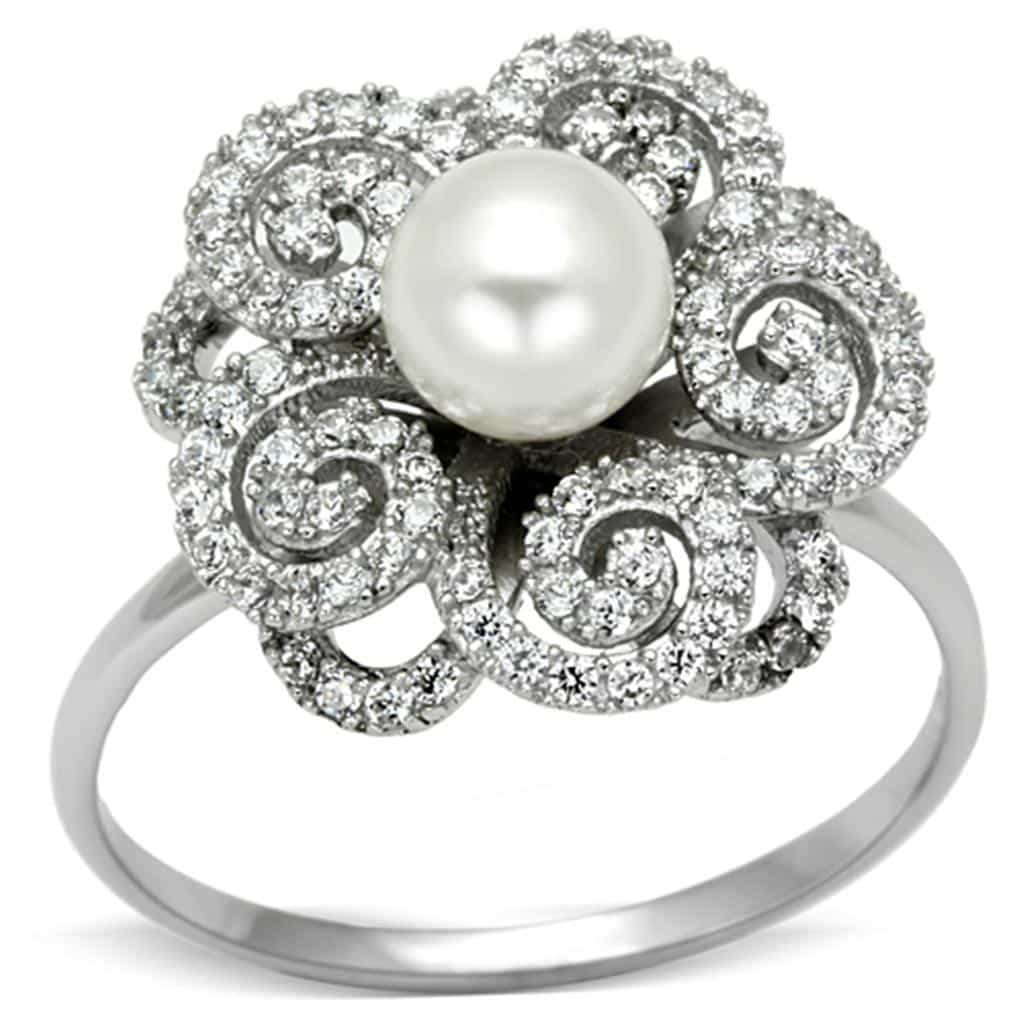 Sterling Silver CZ Pearl Flower Swirl Halo Ring view 10