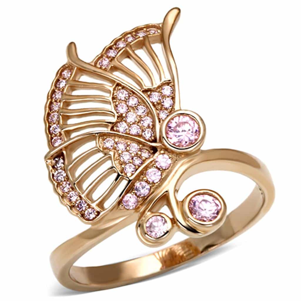 Sterling Silver Rose Gold Pink CZ Butterfly Fan Ring view 10
