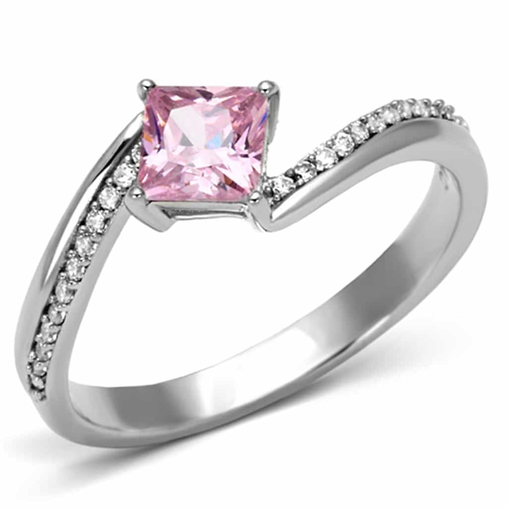 Sterling Silver Pink CZ Princess Bypass Pave Thin Ring view 5