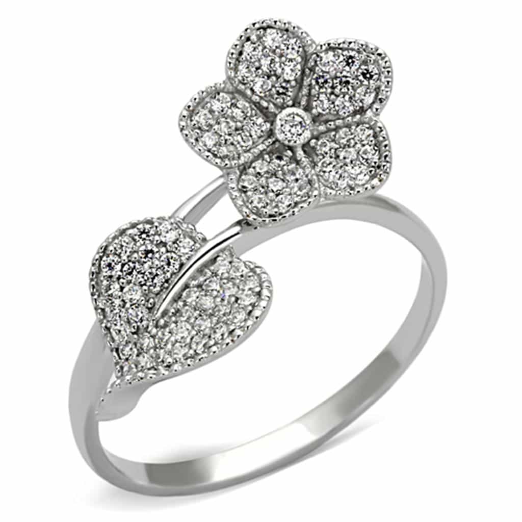 Sterling Silver CZ Pave Flower Clover Open Ring view 10