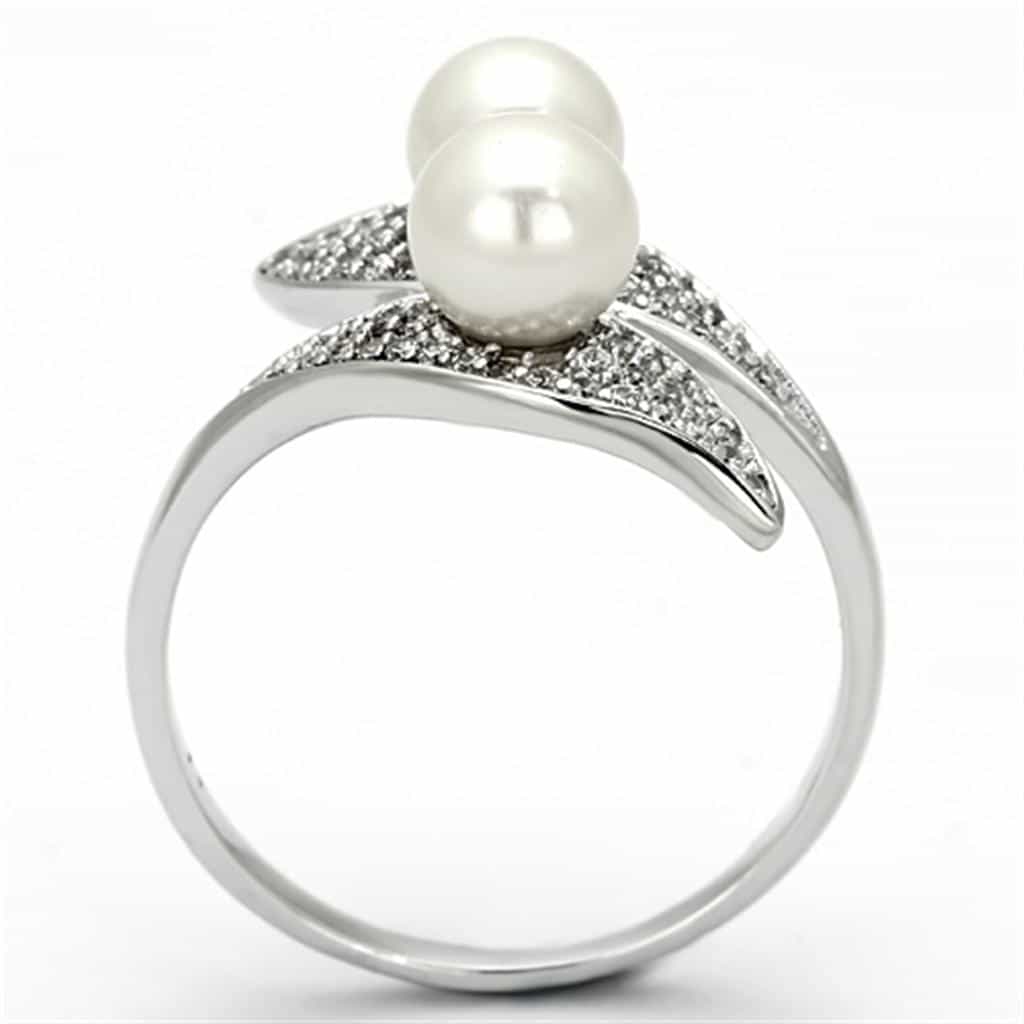 Sterling Silver CZ Pearl Double Leaf Bypass Ring view 3