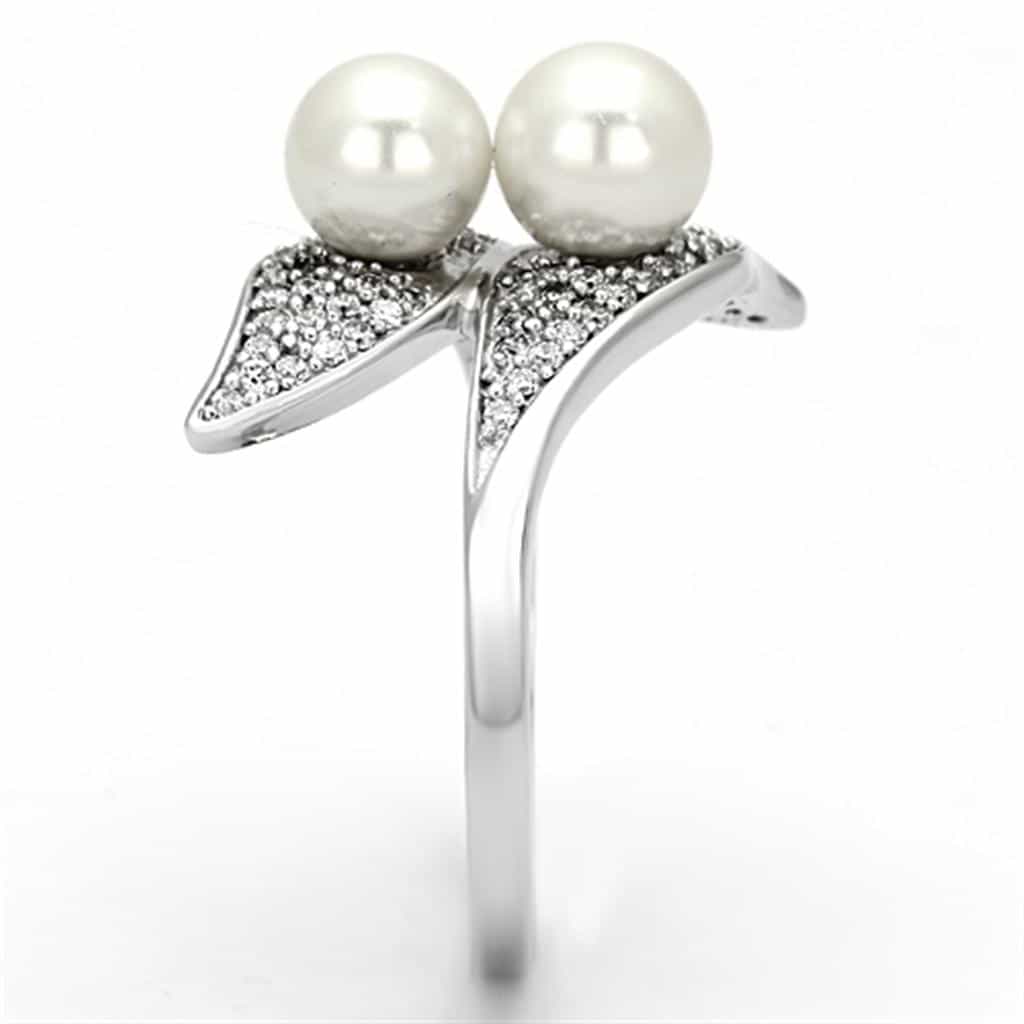 Sterling Silver CZ Pearl Double Leaf Bypass Ring view 9