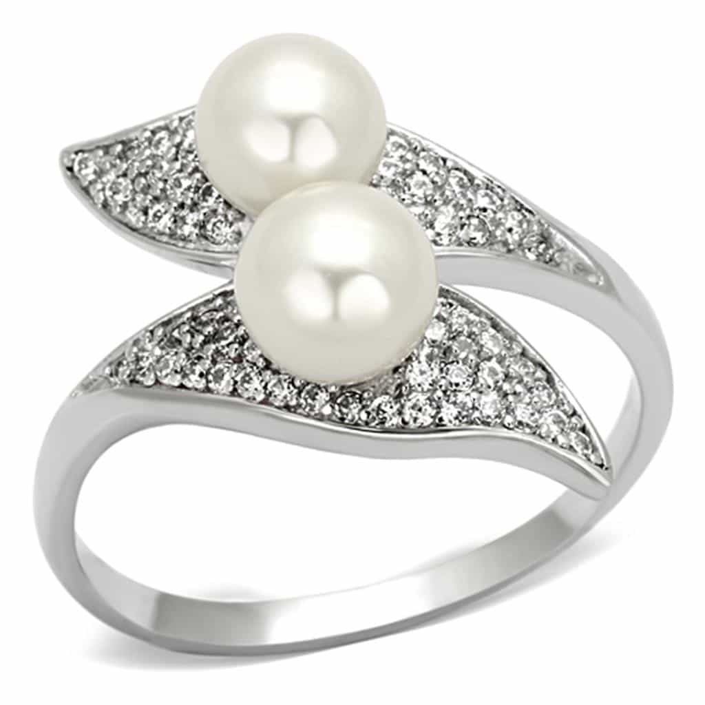 Sterling Silver CZ Pearl Double Leaf Bypass Ring view 10