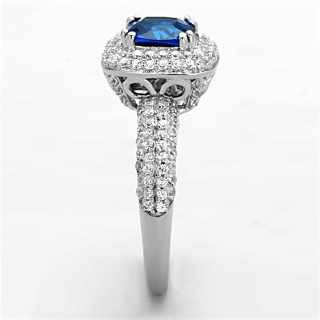 Sterling Silver Blue Sapphire Cushion Halo Pave Ring view 9