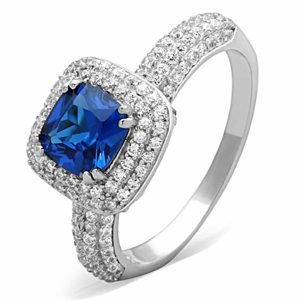 Sterling Silver Blue Sapphire Cushion Halo Pave Ring view 10