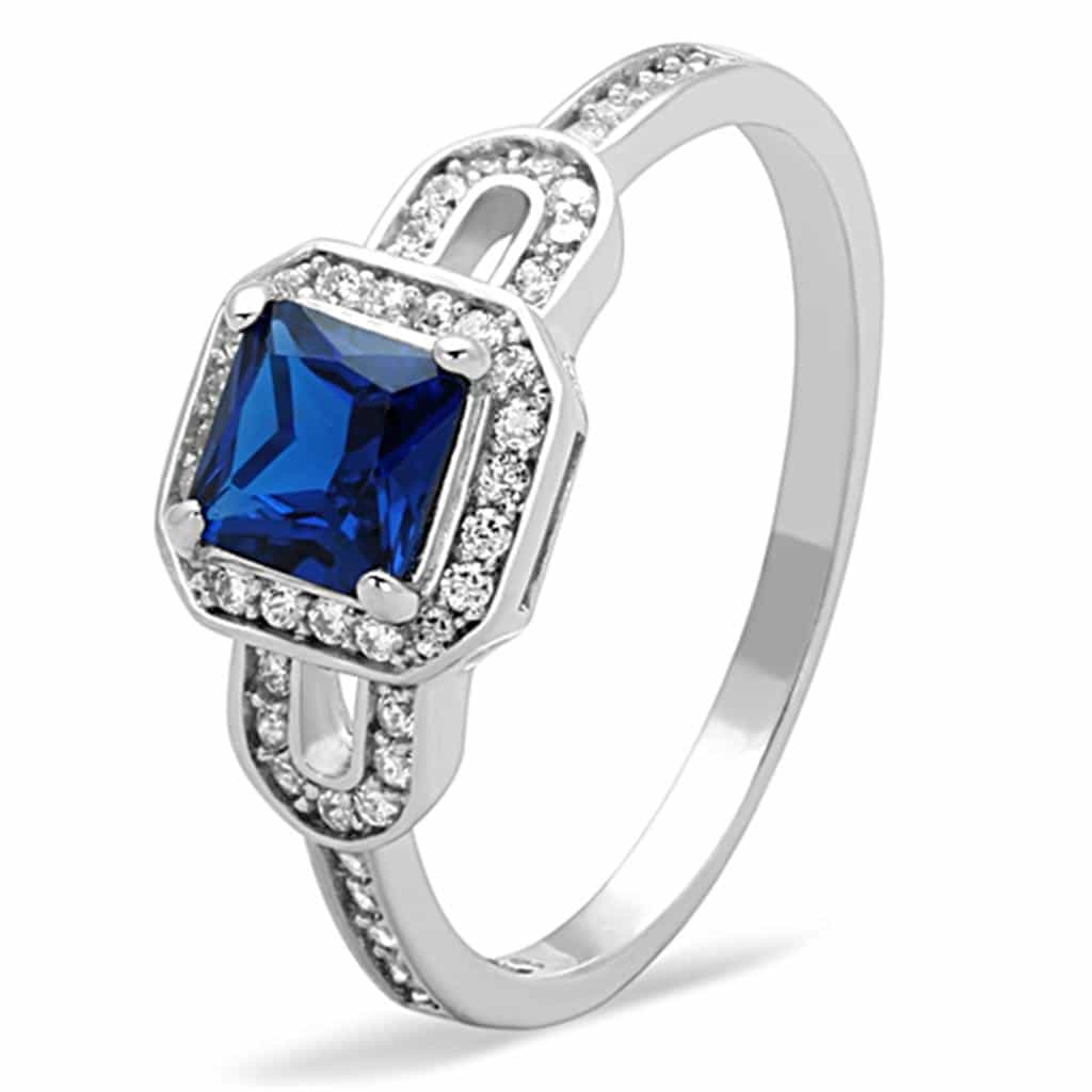 Sterling Silver Blue Sapphire Princess Halo Pave Ring view 10